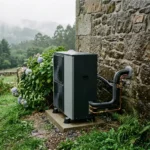 Aerotermia en Galicia: bomba de calor junto a una casa de piedra
