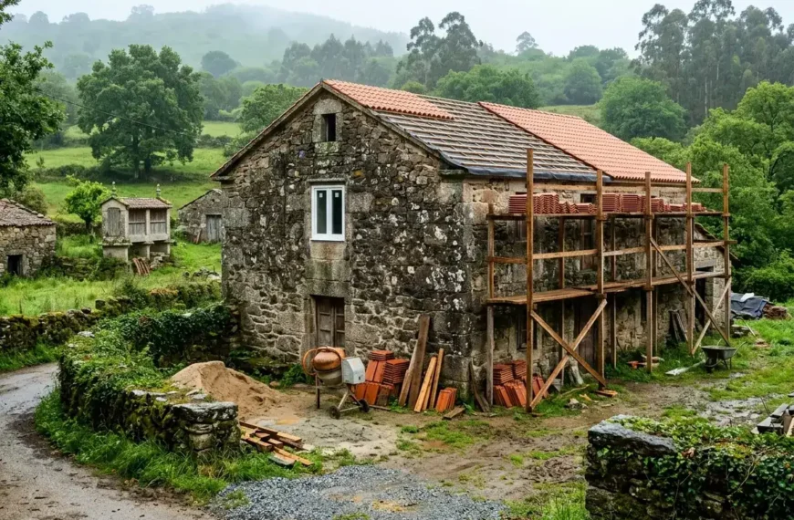 Casa de piedra gallega en rehabilitación con tejado nuevo y andamio
