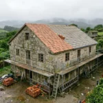 Cambiar el tejado de una casa en Galicia: tejado a medio retejar con teja nueva y lámina impermeable