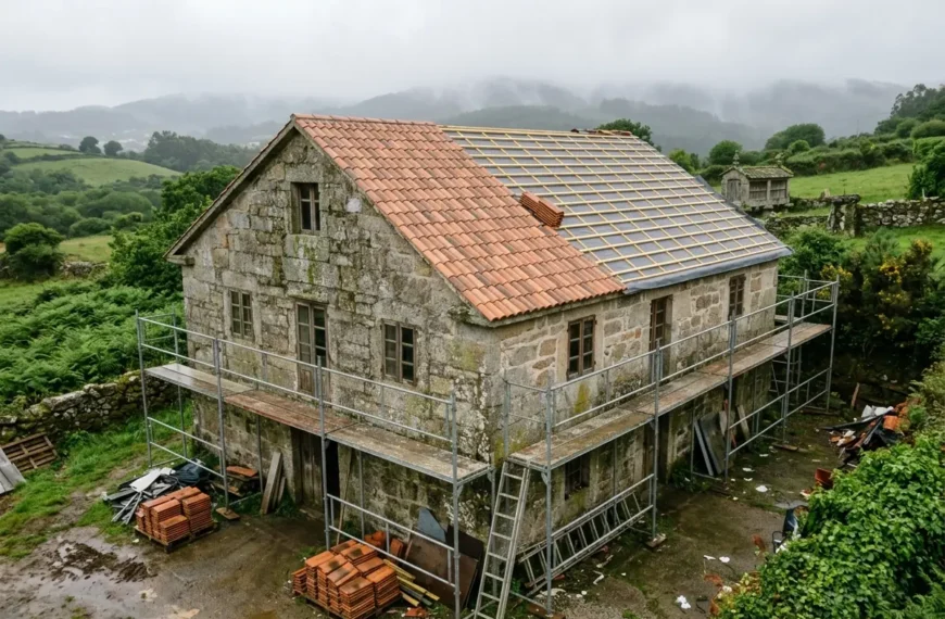 Cambiar el tejado de una casa en Galicia: tejado a medio retejar con teja nueva y lámina impermeable