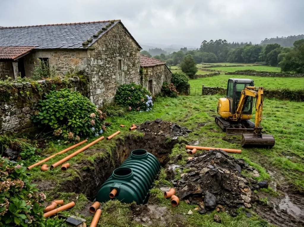 Instalación de una depuradora enterrada junto a una casa de piedra en Galicia
