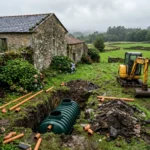 Instalación de una depuradora enterrada junto a una casa de piedra en Galicia