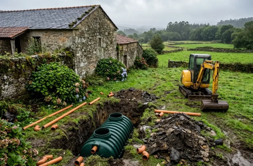 Instalación de una depuradora enterrada junto a una casa de piedra en Galicia