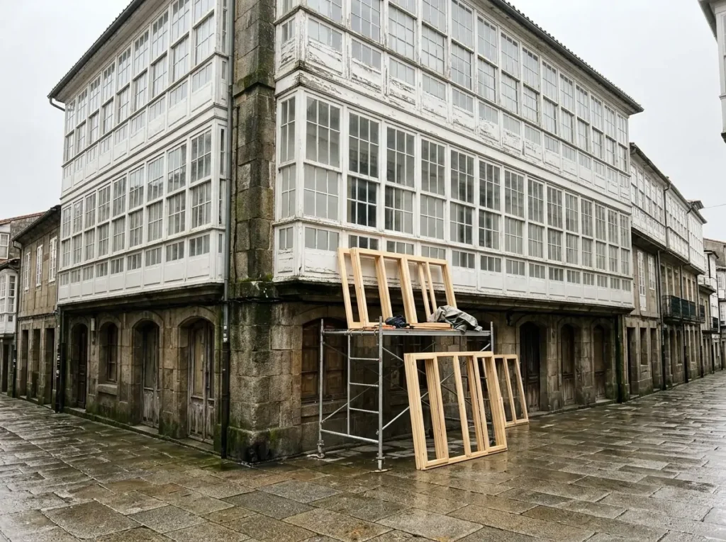 Restauración de una galería de madera blanca en un edificio antiguo de Galicia