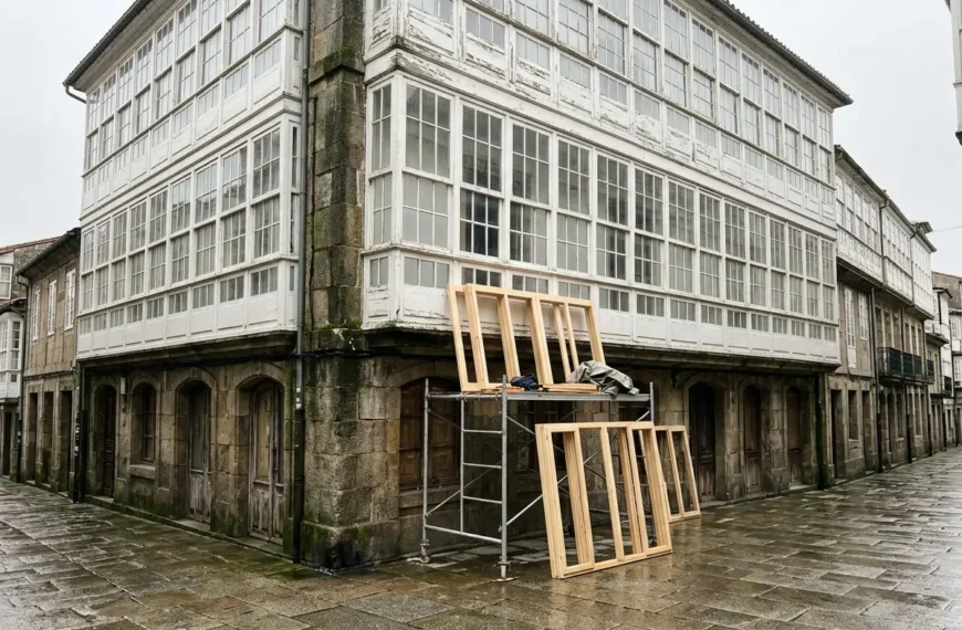 Restauración de una galería de madera blanca en un edificio antiguo de Galicia