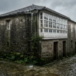 Humedad en casas gallegas: fachada de piedra con galería bajo la lluvia