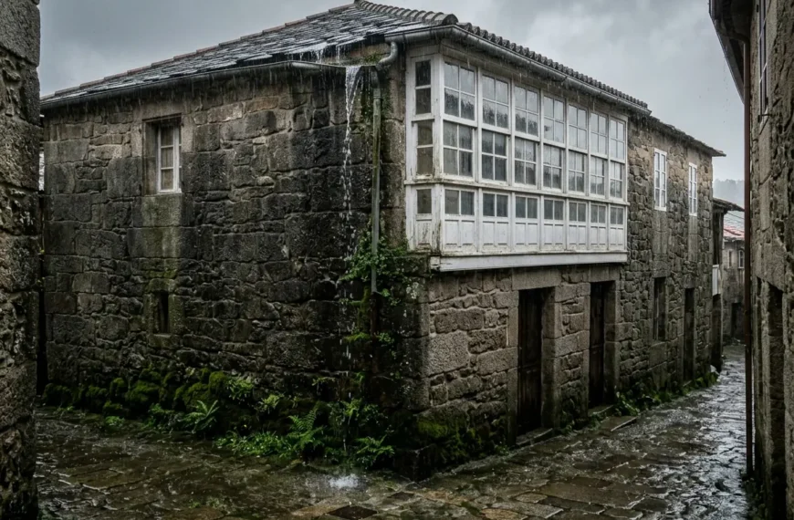 Humedad en casas gallegas: fachada de piedra con galería bajo la lluvia