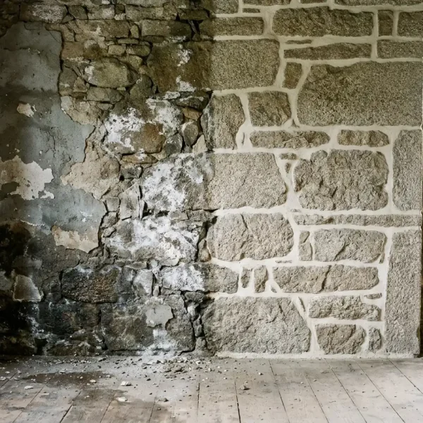 Humedad en muros de piedra: mancha y salitre en la parte baja de un muro de granito
