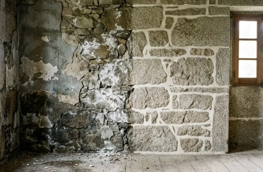 Humedad en muros de piedra: mancha y salitre en la parte baja de un muro de granito