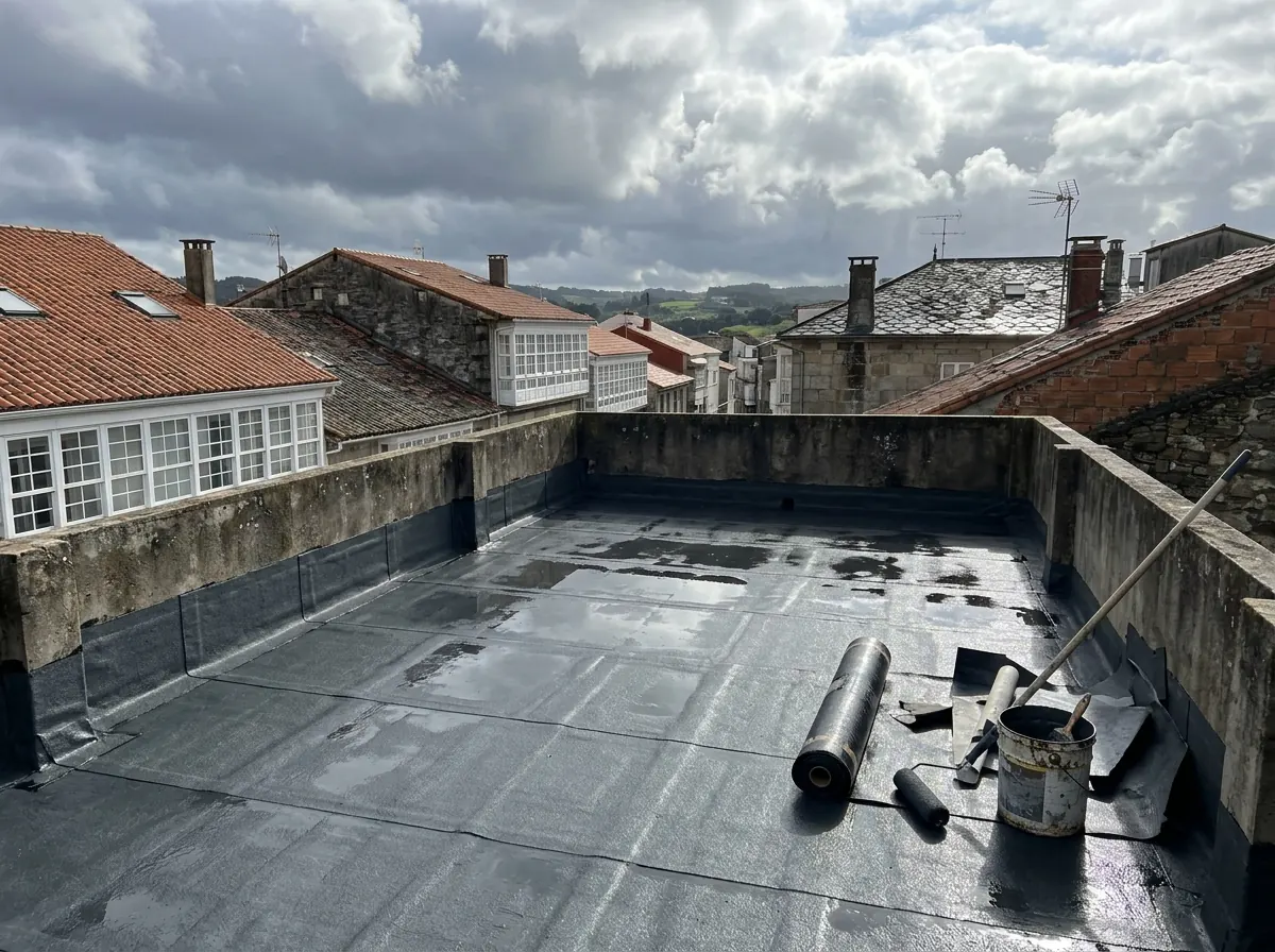 Terraza en obras con lámina impermeabilizante nueva en un edificio de Galicia