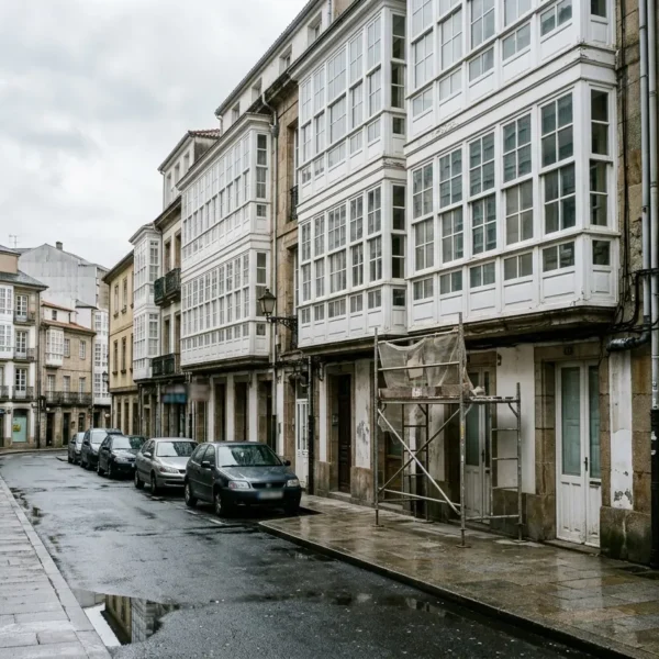 Obra menor en A Coruña: andamio para reparar la fachada de un edificio con galerías