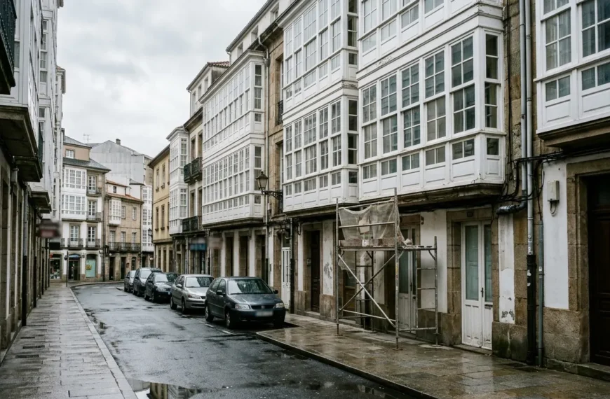 Obra menor en A Coruña: andamio para reparar la fachada de un edificio con galerías