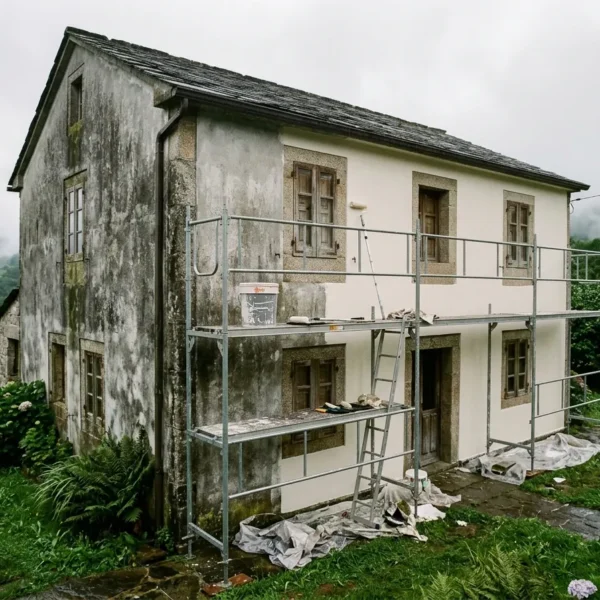 Pintar una fachada en Galicia: casa con la fachada a medio pintar y andamio