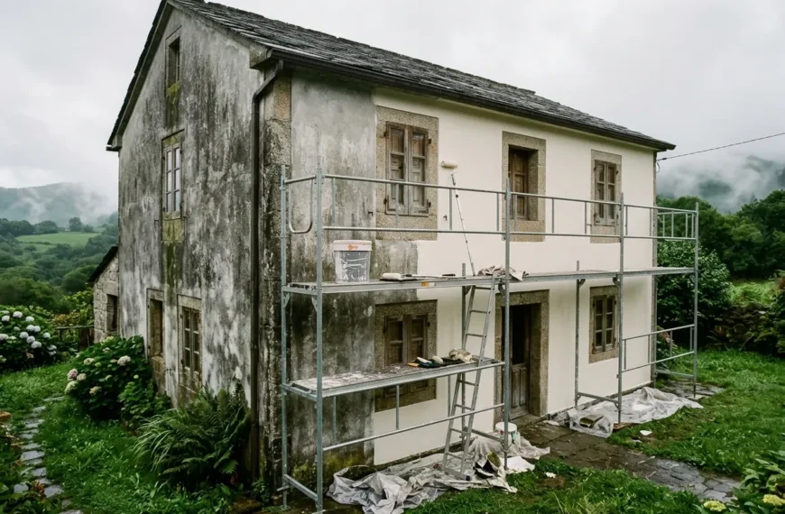 Pintar una fachada en Galicia: casa con la fachada a medio pintar y andamio