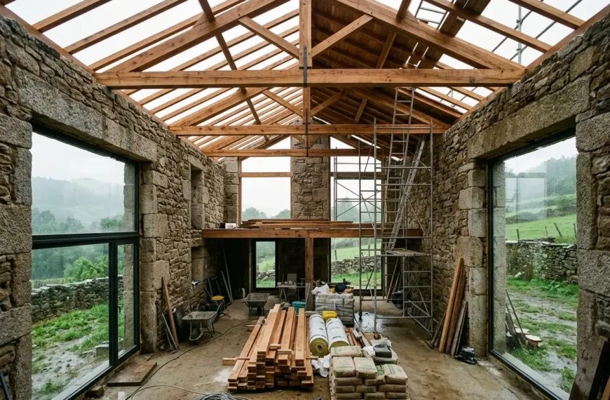 Rehabilitación de una casa de piedra gallega con estructura de cubierta nueva de madera