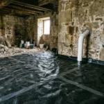Radón en Galicia: membrana antirradón y tubo de extracción en el suelo de una casa de piedra
