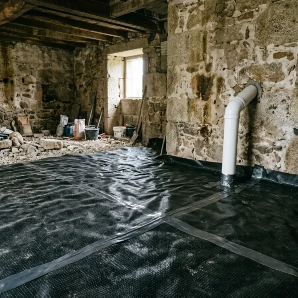 Radón en Galicia: membrana antirradón y tubo de extracción en el suelo de una casa de piedra