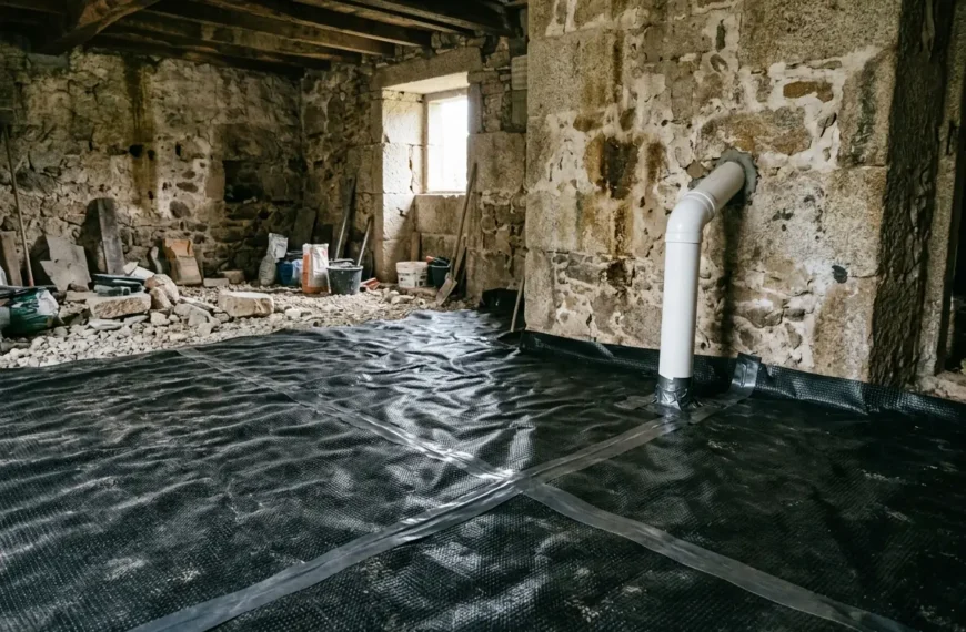 Radón en Galicia: membrana antirradón y tubo de extracción en el suelo de una casa de piedra