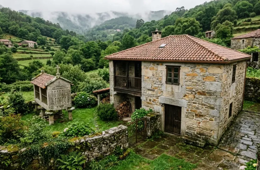 Casa de piedra gallega rehabilitada con tejado nuevo y hórreo en el jardín