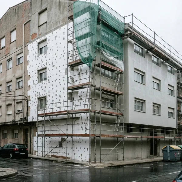 SATE en Galicia: fachada de un edificio mientras se aísla por el exterior