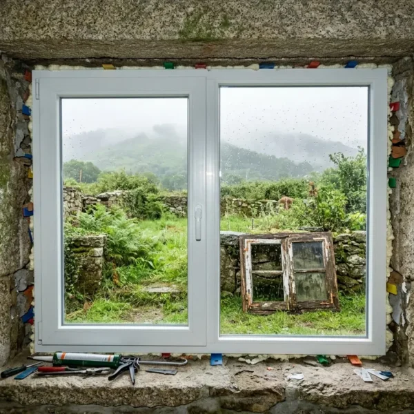 Ventanas de PVC o aluminio en Galicia: ventana nueva de PVC en una casa de piedra