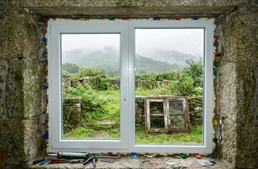 Ventanas de PVC o aluminio en Galicia: ventana nueva de PVC en una casa de piedra