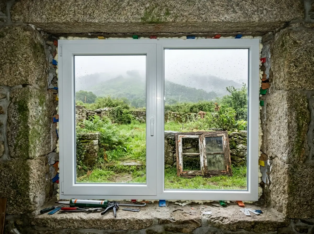 Ventanas de PVC o aluminio en Galicia: ventana nueva de PVC en una casa de piedra